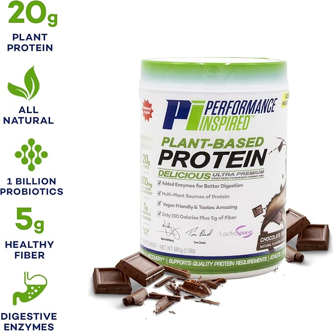 Performance Inspired Nutrition Plant Protein Powder – All Natural – 20G Protein – 1B Probiotics – Digestive Enzymes – Fiber Packed – Gluten Free – Chocolate Delight – 1.5lb