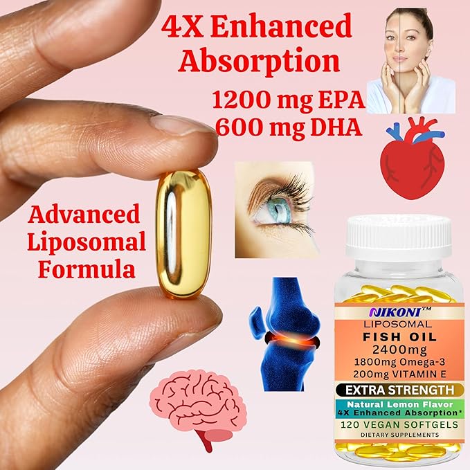 Nikoni Liposomal Lemon Flavor Fish Oil 2400 mg of Omega-3 with 200 mg of Vitamin E. 1200 mg of EPA+ 600 mg of DHA + 600 mg of Other Omegas-120 Vegan Softgels (No Animal Gelatin)