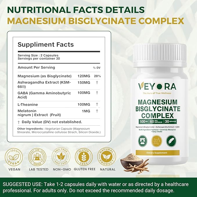 Magnesium Bisglycinate Complex Capsules | 120 mg Magnesium per Serving | with KSM-66® Ashwagandha GABA L-Theanine &amp Melatonin | 60 Veg Capsules | Made for USA