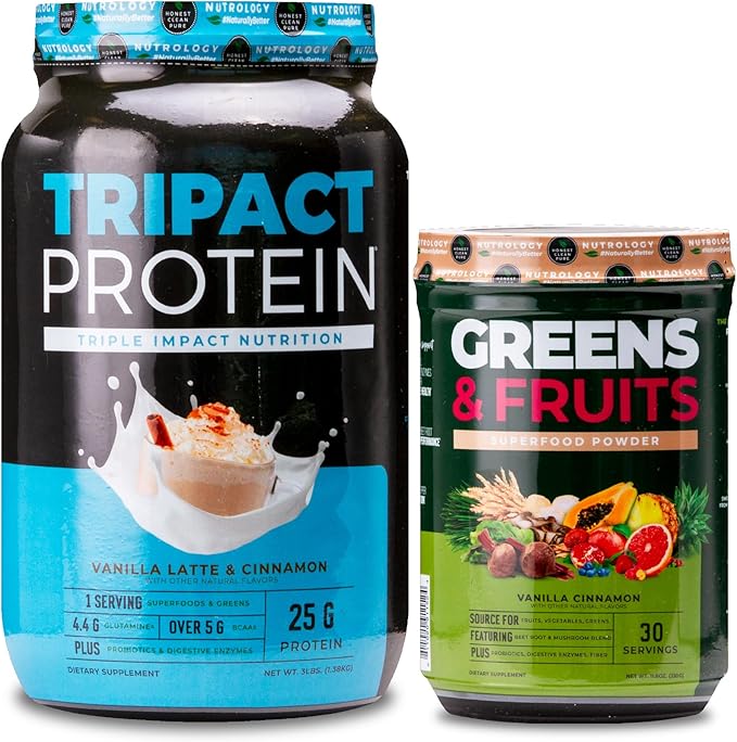 Nutrology TRIPACT Protein Powder 7-in-1 Meal Replacement Shake Vanilla Latte Cinnamon (40 Servings) &amp Greens &amp Fruits Powder-Naturally Sourced Superfood Vanilla Cinnamon (30 Servings)