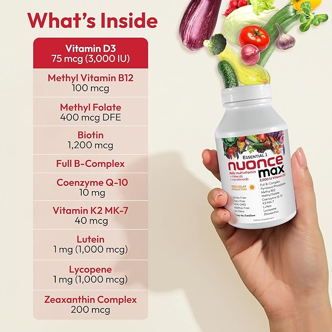 ANDREW LESSMAN Essential-1 nuonce max Multivitamin 3000 IU Vitamin D3 180 Small Capsules. 100 mcg Methyl B12. CoQ10 Lutein Lycopene Zeaxanthin. High Potency. No Additives. Ultra-Mild One Daily Capsule