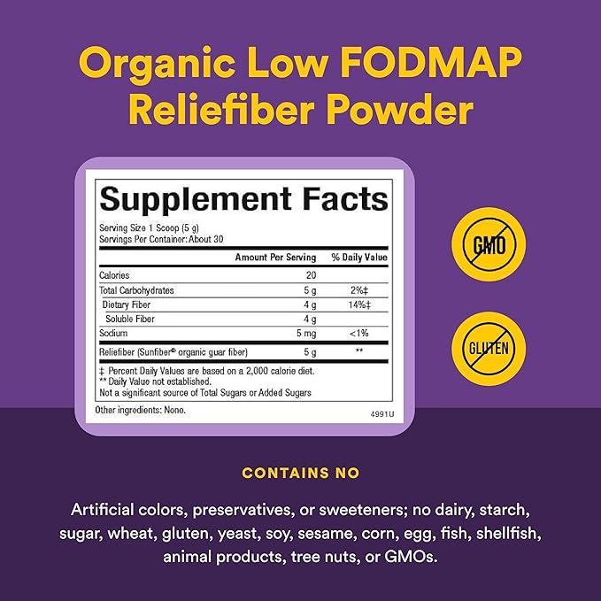 Natural Factors Organic Low FODMAP Reliefiber Powder - Digestive Health Support Supplement with Dietary &amp Soluble Fiber - Gut Health Support Aids Mild Bloating - Unflavored 5.3 oz (30 Servings)