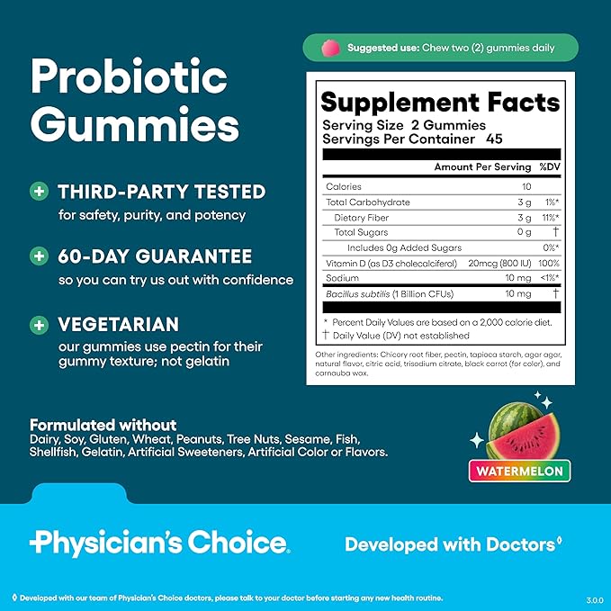 Physician's CHOICE Gut Gummy Bundle: Probiotic Gummies + Fiber Gummies - No Sugar Added &amp Vegan - Supports Digestive Health &amp Regularity for Women and Men