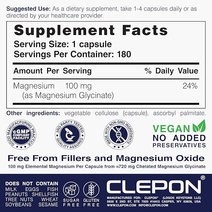 Magnesium Glycinate - 100% Chelated for High Absorption - 180 Capsules - 100mg Elemental Magnesium per Capsule - Relaxation Muscle Cramps Relief &amp Sleep Support - 3rd Party Tested Vegan