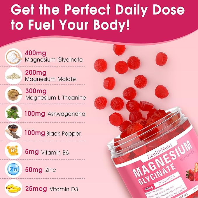 Magnesium Glycinate Gummies 400 mg with AshwagandhaMagnesium Malate &amp L-Theanine for Women Men &amp Kids AdultsChewable Complex Supplements for SleepCalmNervesHeartMuscles90 Count