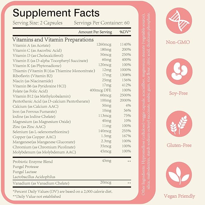 GLPNATU Multivitamin Supplement with Probiotics 26-in-1 Vitamins A B C D E K &amp Minerals &amp Probiotics Blend Daily Vitamin Support for Women and Men - 120 Capsules