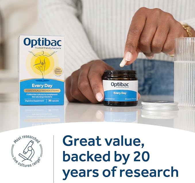 OptiBac Probiotics for Digestive Health 30 Capsules | 6 Scientifically Researched Strains with 5 Billion Live Cultures | Gluten Free &amp Vegetarian | Supports Gut Flora &amp Digestive Health