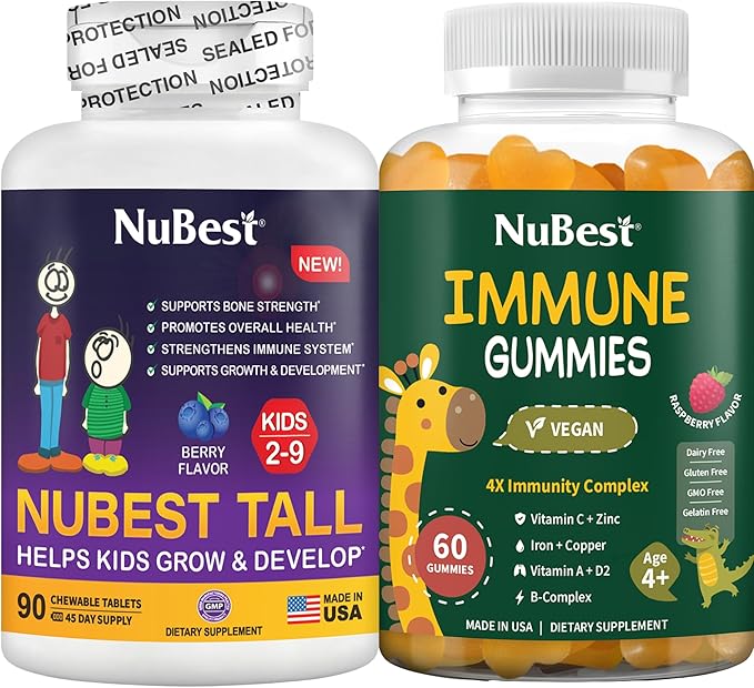 NuBest Bundle Bone Growth and Immunity Tall Kids Chewable Tablets 90 Count and Immune Multivitamin Gummies No Added Sugar for Kids &amp Teens