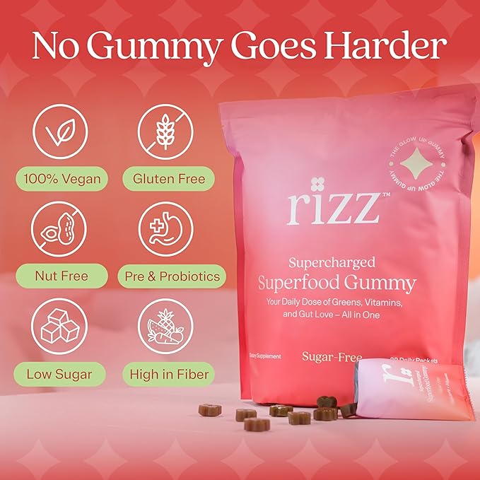 Rizz Sugar-Free Green Gummies - 60+ Superfoods 6g Fiber - Prebiotic and Probiotic Gummies - Vegan Multivitamins for Women &amp Men - Gluten Free - Mushroom Fruit and Vegetable Supplements -30 Day Su