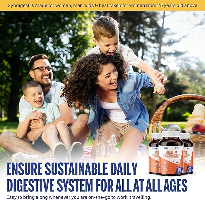 Syndigest probiotic daily care for women &amp men with dual benefit of 5 probiotic &amp prebiotic strains balance gut health &amp relieves constipation travel friendly 30 capsules (2 billions CF