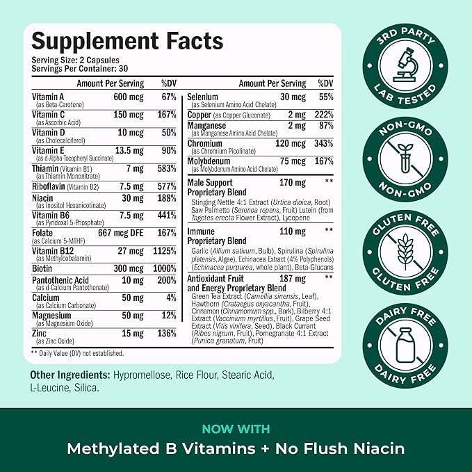 Multivitamin for Men with Methylated Vitamins and Chelated Minerals for Energy Focus and Immune Health – Premium Daily Mens Multivitamins &amp Multiminerals – 60 Capsules