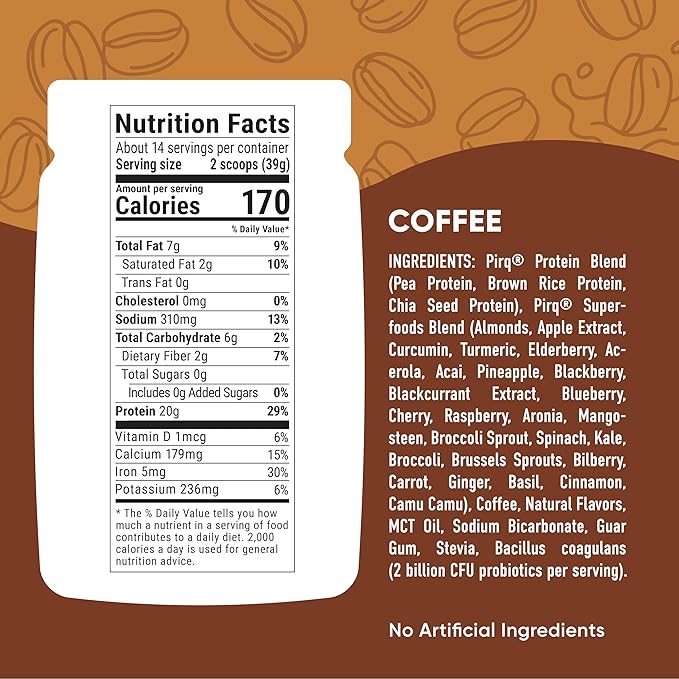 Pirq Dairy Free Protein Powder with 20g Protein Plant Based 2B CFU Probiotics 25 Superfoods Greens and Fruits Vegan 0g Sugar (14 Servings)(Coffee)