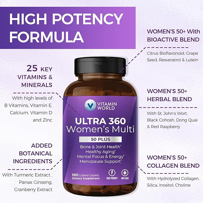 Vitamin World Ultra 360 Multivitamin for Women 50 Plus Women's 50+ Multivitamin with Minerals &amp Herbs for Menopause Support Supplement with Vitamin B D E &amp Zinc for Healthy Aging 180 Capl