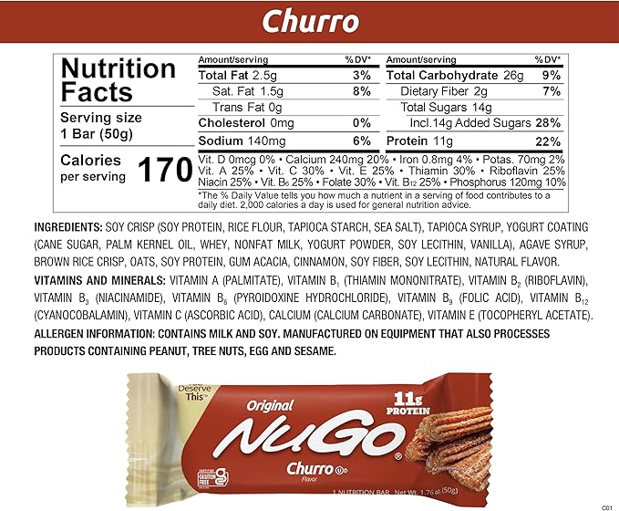 NuGo Protein Bar NEW! Dulce De Leche 15 bars &amp Churro 15 bars 11-15g Protein Gluten Free 30 Count