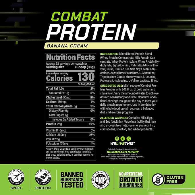 MusclePharm Combat Protein Powder Banana Cream Flavor Fuels Muscles for Productive Workouts 5 Protein Sources including Whey Protein Isolate &amp Egg Albumin Gluten Free 4 lb 52 Servings