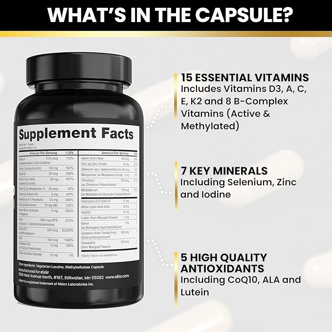 Eliixr Methylated Multivitamin 27-in-1 Formula with 1500 mcg Active Folate Methylated B12 K2 D3 B-Complex and more Women and Mens Multivitamins 60 Vegan Capsules 2 month supply Made in the USA