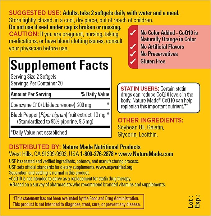 Nature Made CoQ10 200mg per Serving with Black Pepper Extract for Enhanced Nutrient Absorption CoQ10 Supplement for Heart Health Support 60 Softgels 30 Day Supply