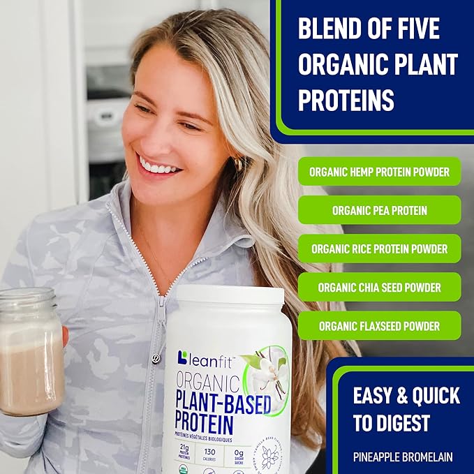 LeanFit Organic Plant-Based Protein Powder Natural Vanilla Flavor - Vegan USDA Organic Certified Soy-Free Gluten-Free Dairy-Free Sugar-Free Non-GMO - 21g Protein 19 Servings 1.58 Pound Tub
