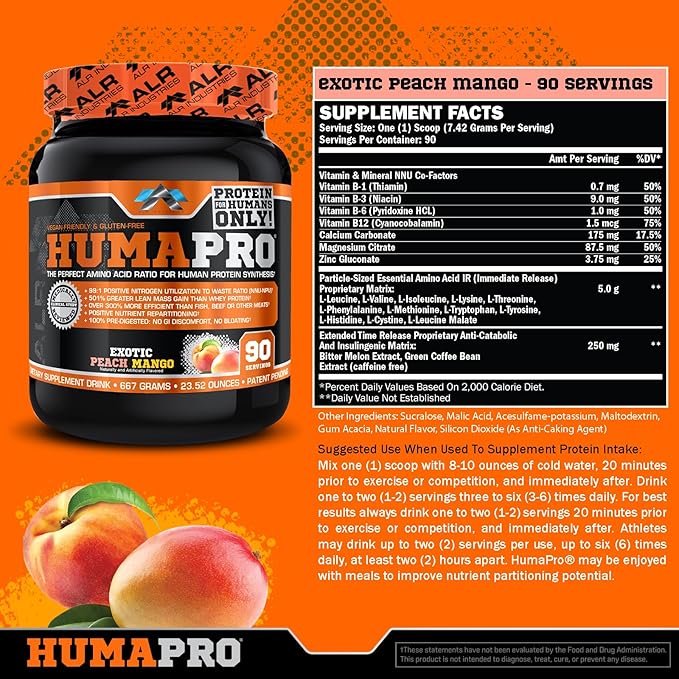Humapro | Amino Acids Protein Matrix for Humans | 99% Utilization for Lean Muscle | Vegan Gluten Free | 667g / 90 Servings (Exotic Peach Mango)