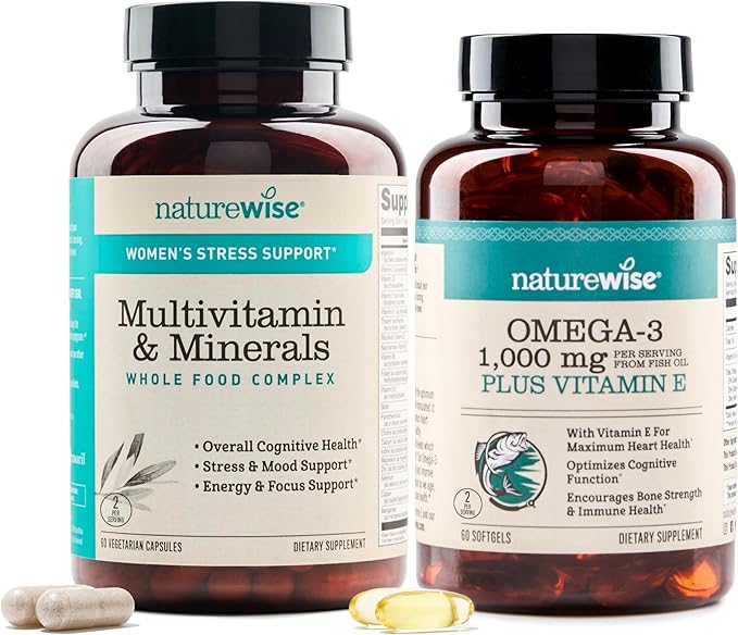 NatureWise [1 Multivitamin for Women Stress Support &amp Natural Minerals - 60 Capsules[30-Day Supply] + [1] Omega 3 Fish Oil 1000mg + Vitamin E - Wild-Caught - 60 Softgels[30-Day Supply]