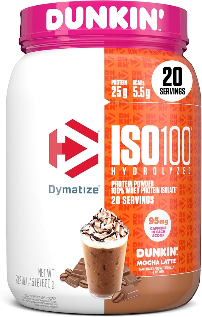Dymatize x Dunkin' Mocha Latte ISO100 Whey Protein Powder 95mg Caffeine 25g of Protein 20 Servings 5.5g BCAAs 120 Cal. Gluten Free 1g Fat 1g Sugar 3g Carb