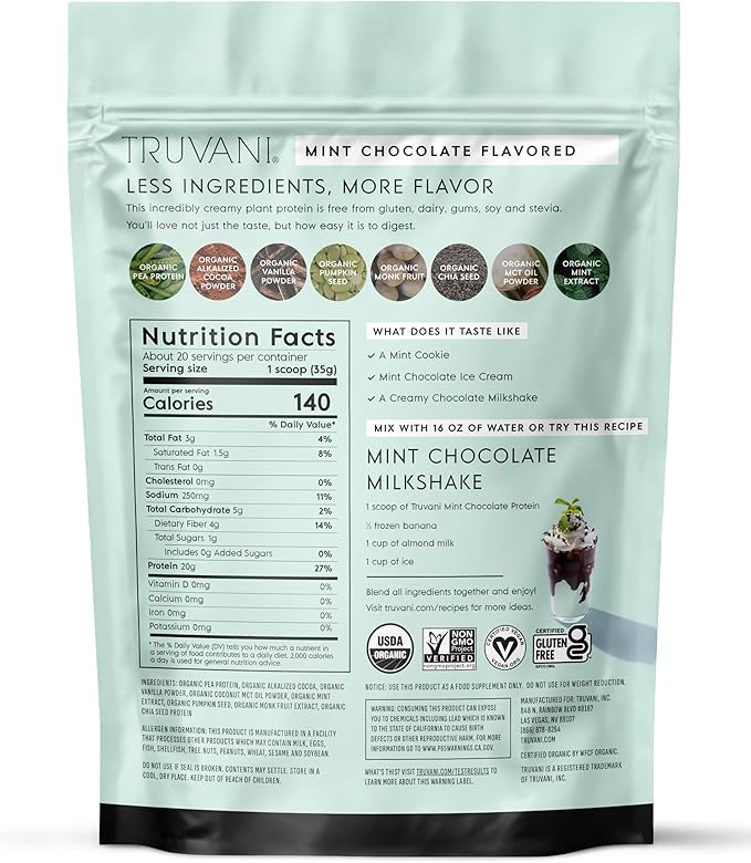 Truvani Vegan Pea Protein Powder | Mint Chocolate | 20g Organic Plant Based Protein Per Serving | 20 Servings | Keto | Gluten &amp Dairy Free | Low Carb | No Added Sugar