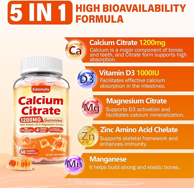 Calcium Citrate Supplement Gummies for Adult - Sugar Free Calcium Citrate 1200 Mg with Magnesium 300 Mg &amp Vitamin D3 - Organic Chewable Calcium Supplements for Women &amp Men