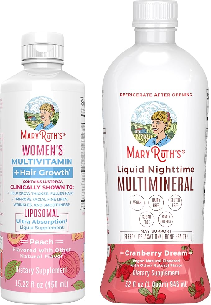 MaryRuth's Women's Multivitamin + Hair Growth Liposomal (Peach) &amp Liquid Nighttime Multimineral (Cranberry) | Clean Label Project Verified® | Vegan | Beauty Bedtime &amp Overall Health