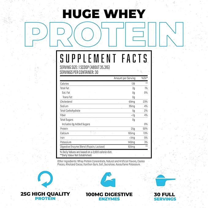 Huge Whey Protein Powder for Muscle Gain 25g Protein 12g EAAs Supports Muscle Growth Performance &amp Recovery (Cookie &amp Cream 30 Servings)