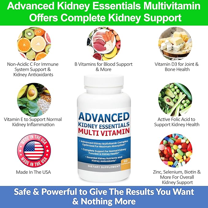 Advanced Kidney Essentials Multivitamin. Kidney Support Supplement for Complete Kidney Health. Kidney Health Supplement with Renal Vitamins 90 Caps
