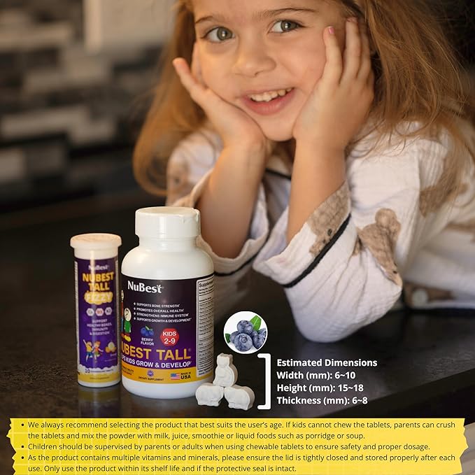 NuBest Tall Kids - Toddlers Vitamins and Kids Vitamins for Age 2 to 9 - Support Bone Strength Overall Health and Immunity - Animal Shapes - 180 Chewable Berry Tablets | Pack 2