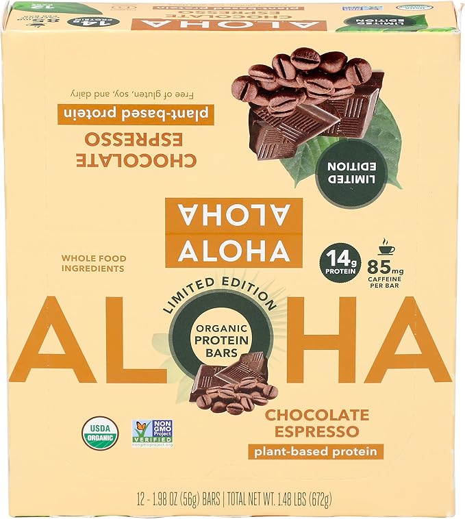 Aloha Organic Chocolate Espresso Protein Bars 14g Plant-Based Protein 85mg Caffeine USDA Certified Organic Gluten Free &amp Non-GMO 1.98 Oz (Pack of 12)
