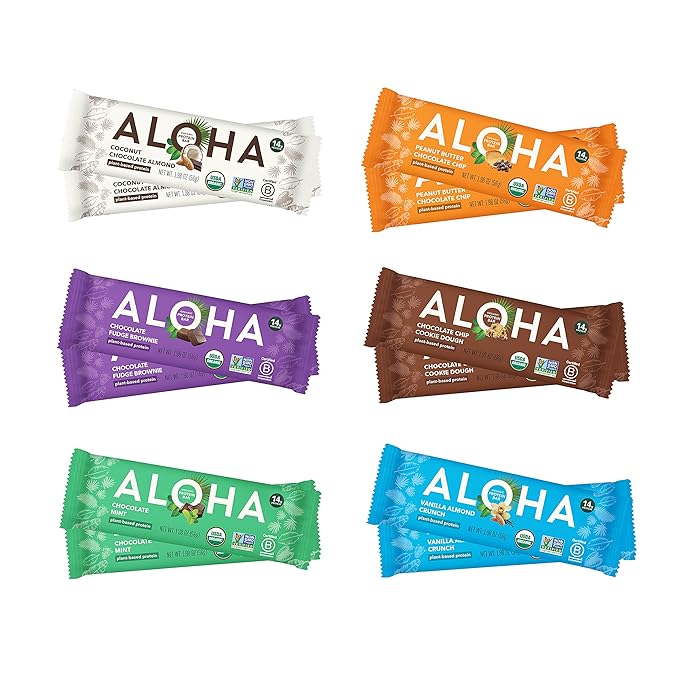 ALOHA Organic Plant Based Protein Bars - 6 Flavor Variety Pack - 12 Count 1.9oz Bars - Vegan Snacks Low Sugar Gluten-Free Low Carb Paleo Non-GMO Stevia-Free No Sugar Alcohol Sweeteners
