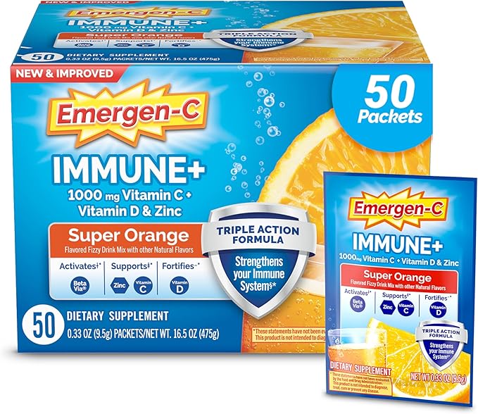 Emergen-C Immune+ Triple Action Immune Support Powder BetaVia (R) 1000mg Vitamin C B Vitamins Vitamin D and Antioxidants Super Orange – 50 Count