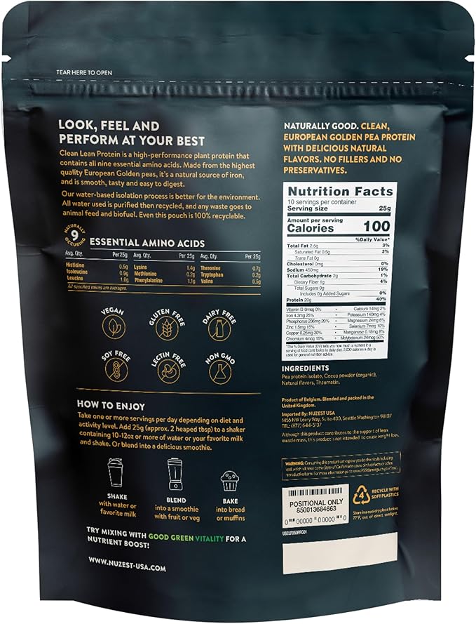 Nuzest Vegan Pea Protein Powder - Clean Lean Protein 8.8 Ounces Rich Chocolate Flavour + Sports Shaker Bottle 24oz