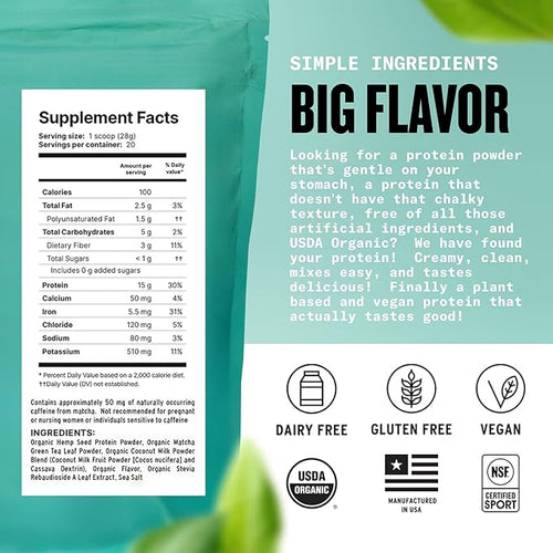 Agoge - USDA Organic Hemp Protein Powder The Goat of No Bloat NSF Certified for Sport All Flavor Essential Amino Acids Plant-Based Gluten Free for Women &amp Men (20 Servings) (Matcha)
