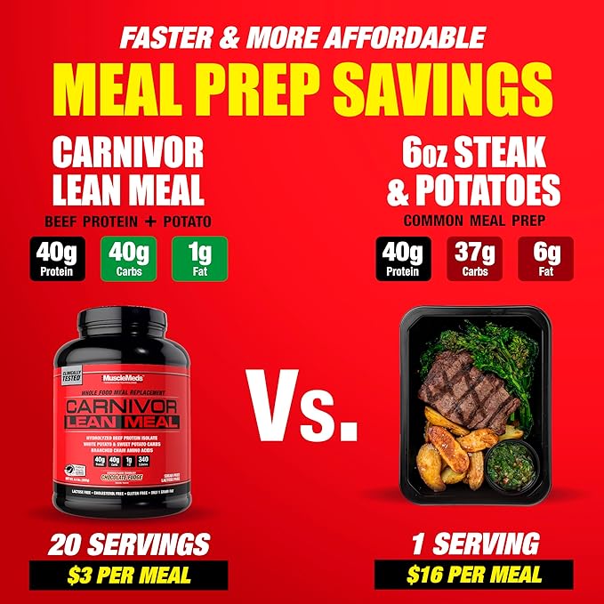 MuscleMeds CARNIVOR Lean Meal Whole Food Meal Replacement Shake MRE Beef Protein Isolate White Potato Sweet Potato 40g Protein 40 g Carbs Lactose Free Sugar Free Chocolate Fudge 20 Servings