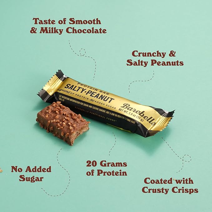 Barebells Protein Bars Salty Peanut - 12 Count 20g High Protein Treats - Chocolate Nutrition Bar with 1g Total Sugars - On-The-Go Breakfast or Post-Workout Snack