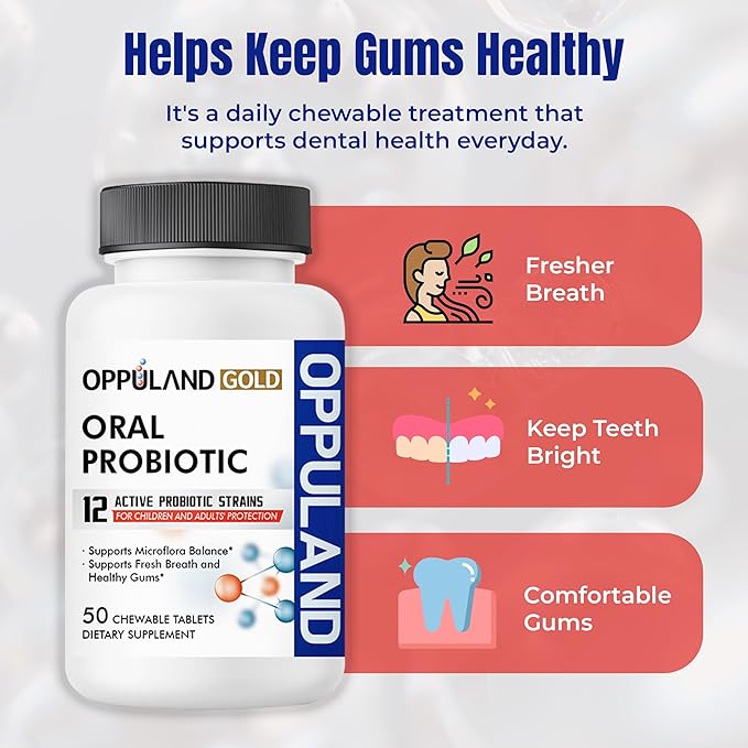 Oral Probiotic with 12 Probiotic Strains BLIS K12 M18 B. lactis &amp L. Reuteri - Dental Care - Fresh Breath &amp Gum Health - Easy to Take for Adults &amp Kids - Scentless - 50 Chewable Tablets