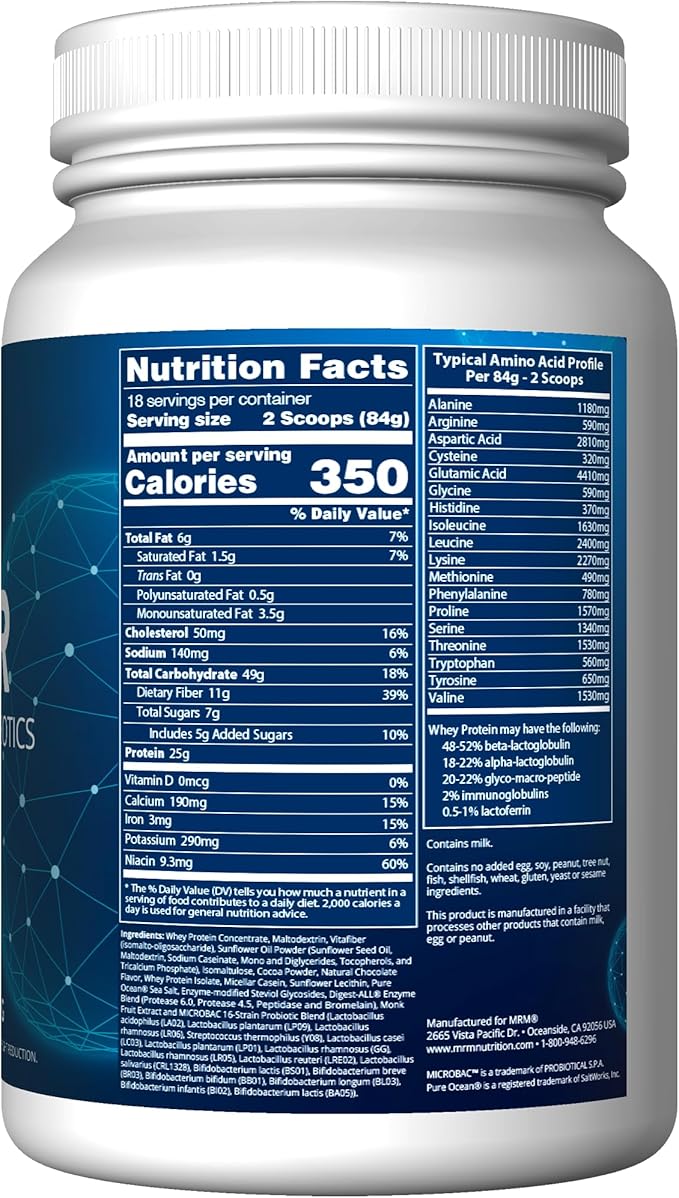 MRM Nutrition Gainer Protein with Probiotics &amp Postbiotics - Chocolate Flavored for Men &amp Women 25g Protein Whey Protein Concentrate &amp Isolate Micellar Casein &amp Digestive Enzymes -