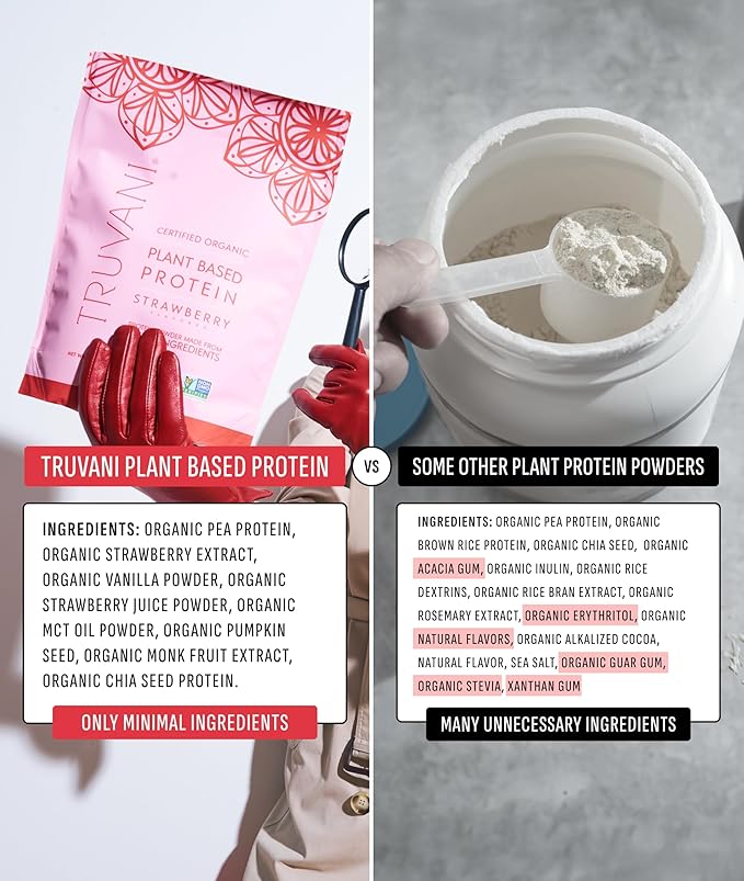 Truvani Vegan Pea Protein Powder | Strawberry | 20g Organic Plant Based Protein | Single Serving Travel Packets | 10 Servings | Keto | Gluten &amp Dairy Free | Low Carb | No Added Sugar