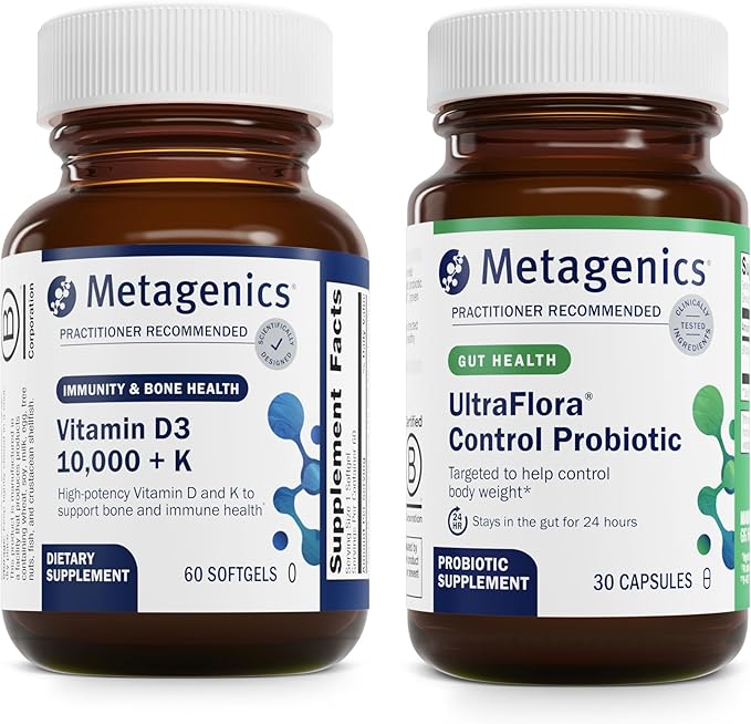 Metagenics Vitamin D3 10000 + K (60 Softgels) &amp UltraFlora Control Probiotic (30 Servings) - Supports Bone &amp Heart Health - Aids Healthy Body Composition
