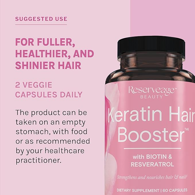 Reserveage Beauty Keratin Hair Booster with Biotin &amp Resveratrol - Hair &amp Nail Growth Supplement for Women - Supports Healthy Thickness &amp Shine with Biotin - 60 Capsules (30 Servings)