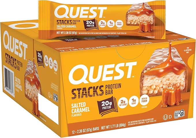 Quest Nutrition Stacks Protein Bars Salted Caramel Flavor 20g Protein 2g Net Carbs 1g Sugar High Fiber Low Sugar Gluten Free 12 Count