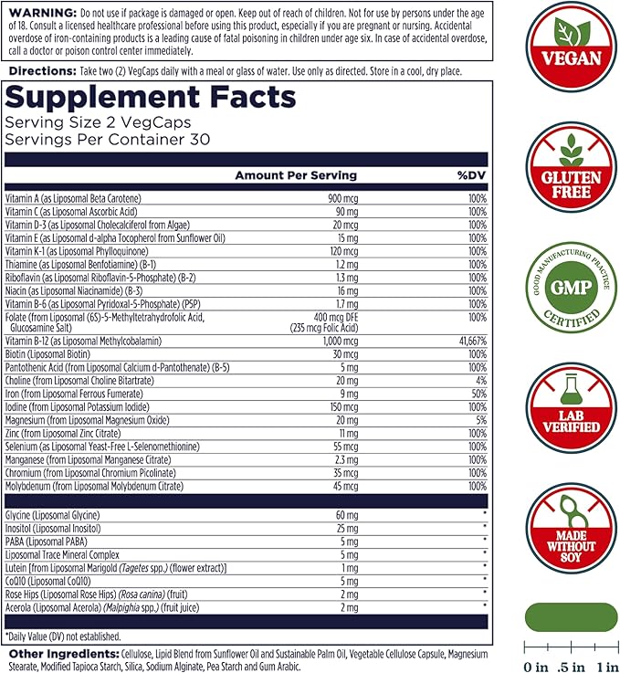 KAL Liposomal Multivitamin - High Potency Liposomal Vitamin C D-3 and More - Men and Women Multivitamin for Cardiovascular and Nervous System Support - 30 Servings 60 VegCaps