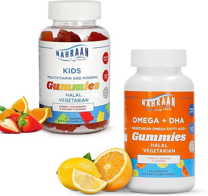 Halal Multivitamins for Kids (90 Count) &amp Halal Omega 3 Gummies for Adults &amp Kids (60 Count) - Non-GMO Vegetarian Gluten Free Halal Gummies