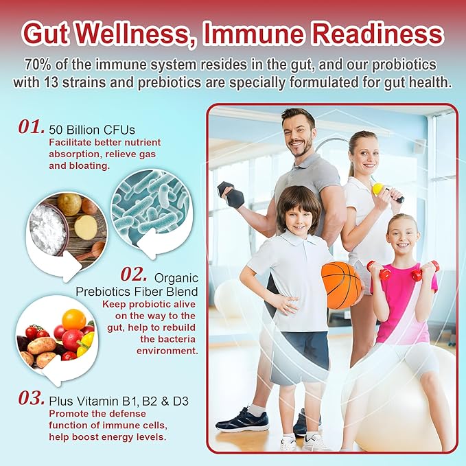 Probiotic + Prebiotic Gummies for Adults &amp Kids 4+ Sugar Free Chewable Probiotic 50Billion CFUs w/Fiber Vitamin B1 B2 D3 &amp Zinc for Digestive &amp Gut Health Boost Microflora Diversity V