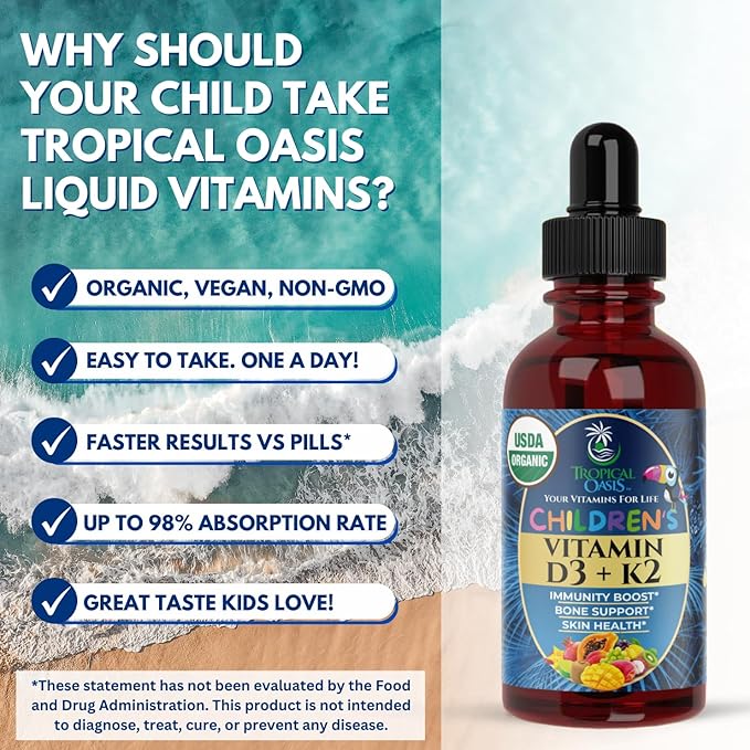 USDA Organic Vitamin D3 K2 Liquid Drops | Vitamin D3 K2 Supplement for Kids &amp Toddlers Ages 1+ | Kids Supplement for Calcium Absorption Strong Bones | Vegan Non-GMO | 2 Fl Oz