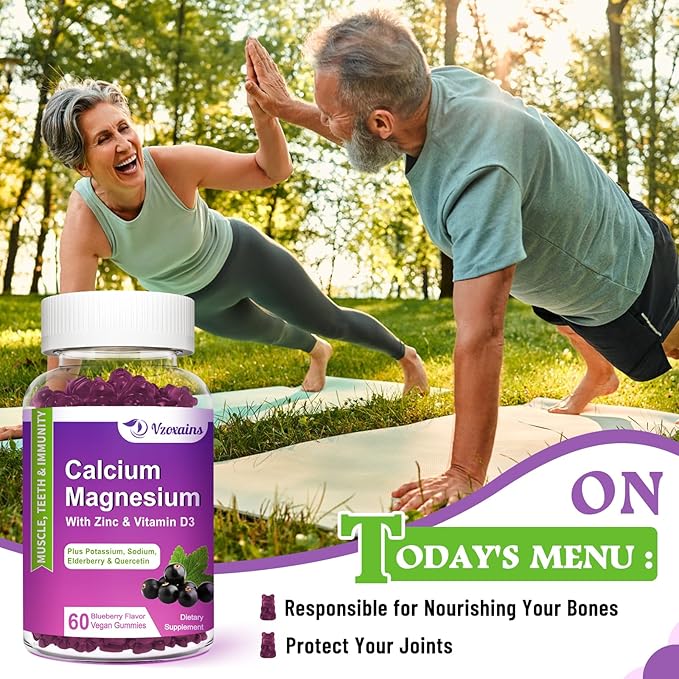 High Absorption Calcium Gummies Calcium Magnesium Zinc with Magnesium Glycinate Potassium Vitamin D3 for Women &amp Men- Blueberry Flavor 120 Cts