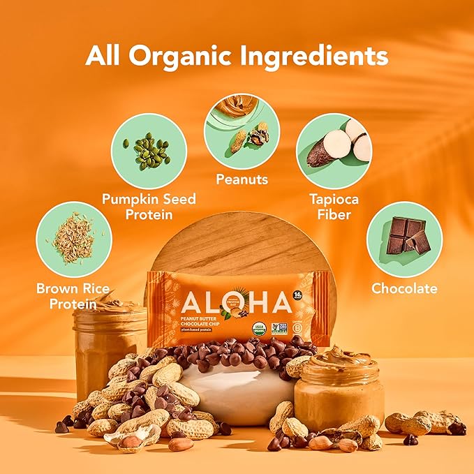 ALOHA Organic Plant Based Protein Bars |Peanut Butter Chocolate Chip | 1.98 Oz (Pack of 12) | Vegan Low Sugar Gluten Free Paleo Low Carb Non-GMO Stevia Free Soy Free No Sugar Alcohols